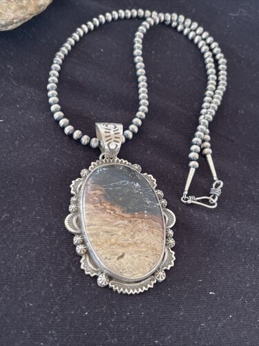 Navajo Pearls Picture Jasper Pendant Necklace | Sterling Silver | Authentic Native American Handmade | 1301