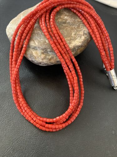 Southwestern Navajo 5-Strand Red Coral Bead Necklace | Sterling Silver | Authentic Native American Handmade | 01954