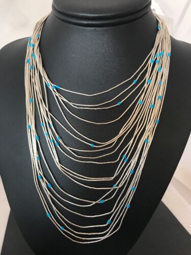 Turquoise Liquid Heishi Necklace | 19 Strand Graduated | Sterling Silver | Authentic Native American Handmade | 3701