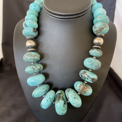 Navajo Blue Turquoise Necklace | Chunky Graduated Sterling Silver Pearls | Authentic Native American Handmade | 19" | 11350