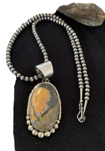 Navajo Pearls Sterling Silver Necklace | Bumblebee Jasper Pendant | Authentic Native American Handmade | 1649