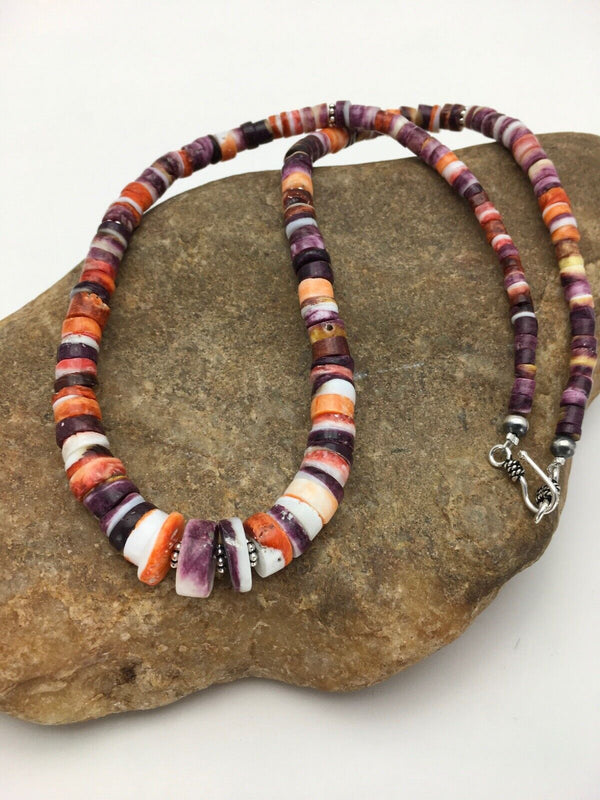 Orange Purple Spiny Oyster Sterling Silver Navajo Necklace Set | Graduated | Authentic Native American Handmade | 20" | 2777
