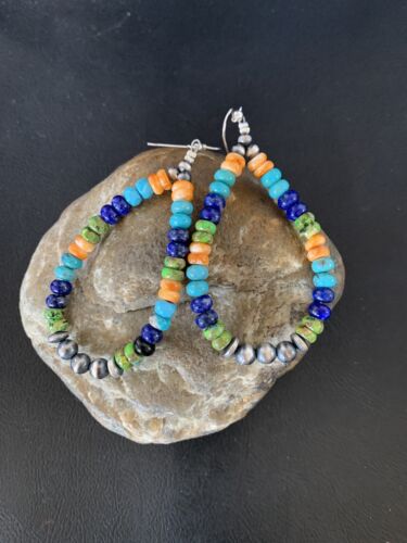 Navajo Multi-Color Lapis Spiny Turquoise Dangle Earrings | Sterling Silver | Authentic Native American Handmade | 12978