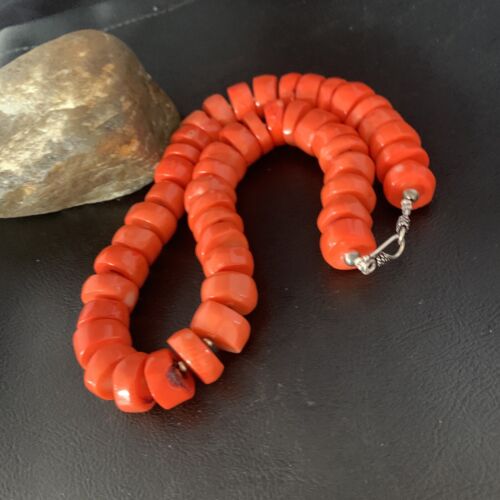 Navajo Orange Bamboo Coral Bead Necklace | 16mm | Sterling Silver | 17" | Authentic Native American Handmade | 13524