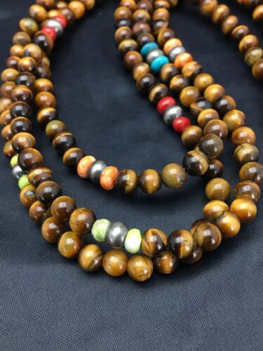 Southwestern Turquoise & Tiger's Eye Necklace | 3 Strand | Sterling Silver | 2616