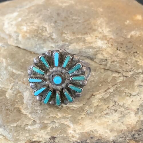 Zuni Blue Turquoise Multi-Stone Cluster Ring | Authentic Native American Sterling Silver Needle Point | Sz 7 | 10741