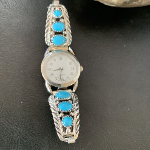 Navajo Sterling Silver Watch Tips with Blue Kingman Turquoise | Stretch Band | Authentic Native American Jewelry | 11578