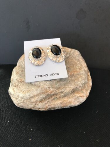 Native American Onyx Nugget Design Earrings | Sterling Silver | Southwestern Handmade | 1" | 3745
