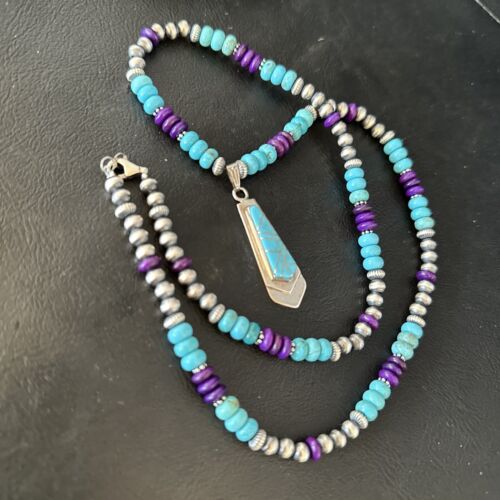 Navajo Blue Turquoise Sugilite Pendant | Sterling Silver Inlay Necklace | Authentic Native American Handmade | 14641