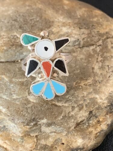 Zuni Peyote Bird Ring | Sterling Silver Coral Turquoise Onyx Mother of Pearl Inlay | Sz 5.5 | 10789
