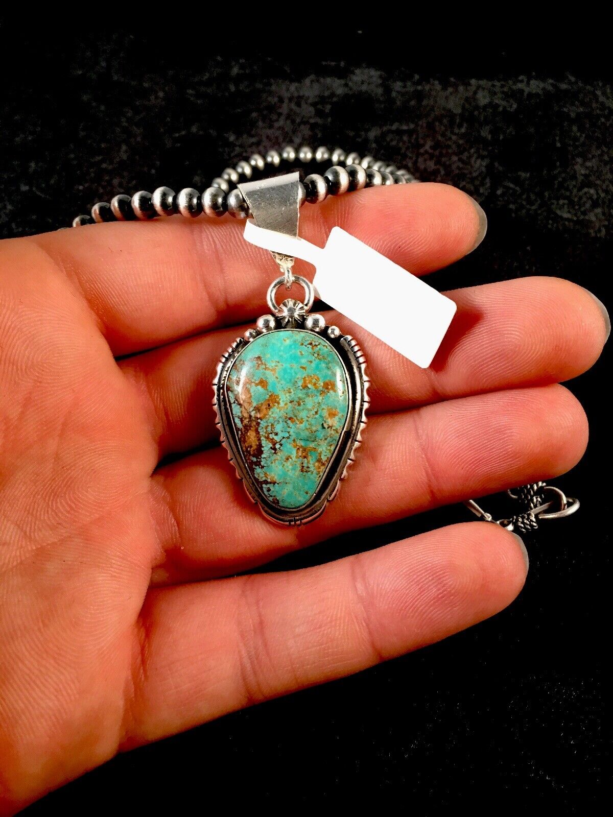 Navajo Turquoise #8 Pendant with Pearls | Sterling Silver Necklace | Authentic Native American Handmade | 8678