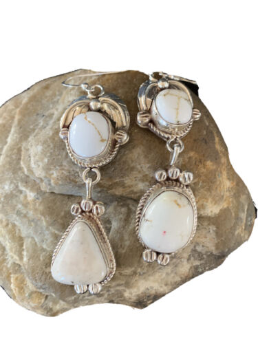 Navajo White Buffalo Turquoise Dangle Earrings | Sterling Silver | 2.50" | Authentic Native American Handmade | 1662