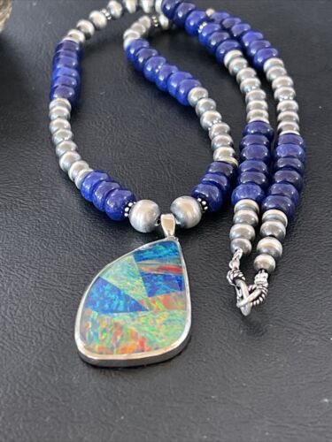 Men's Sterling Silver Necklace | Blue Lapis Bead | Opal Inlay Pendant | 10583