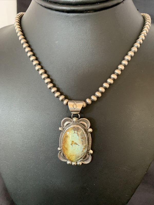 Men's Navajo Pearl Necklace with Blue Golden Hills Turquoise Pendant | Sterling Silver | 10319