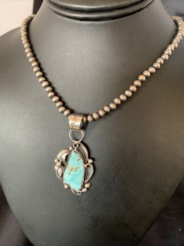 Men's Sterling Silver Blue Dry Creek Turquoise Pendant | Navajo Pearl Necklace 21" | 12975