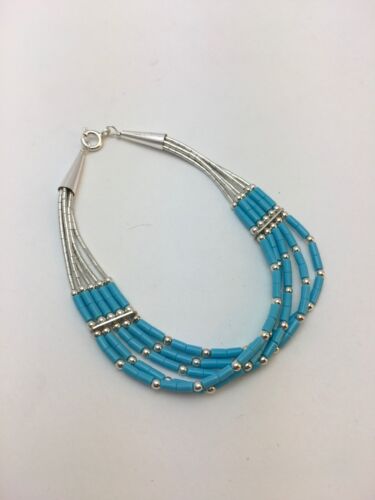 Blue Turquoise Heishi Liquid Silver Bracelet | Sterling Silver | 7" | 5-Strand | 13596