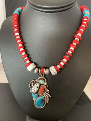 Navajo Coral, White Buffalo Turquoise, Spiny Oyster Pendant | Authentic Native American Sterling Silver | Multi-Stone | 1178
