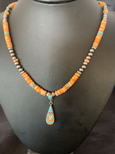 Navajo Pearls, Orange Spiny Oyster & Turquoise Sterling Silver Necklace with Pendant | Authentic Native American | 12704