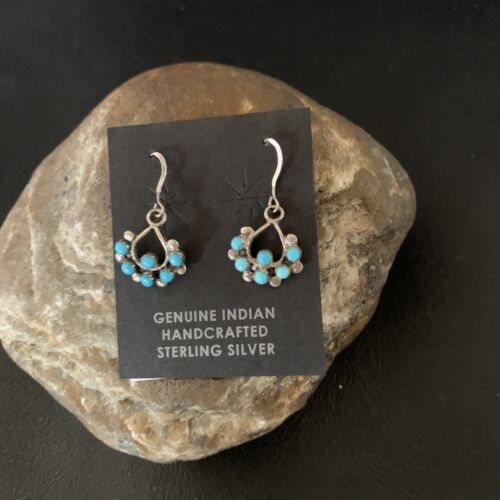 Southwestern Zuni Needle Point Turquoise Earrings | Sterling Silver | Authentic Native American Handmade | 12887