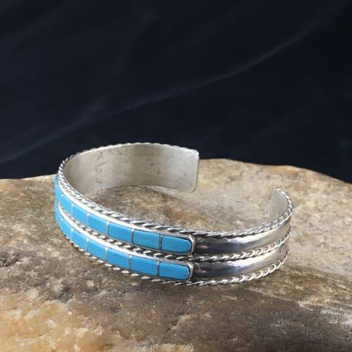 Navajo Blue Turquoise Inlay Cuff Bracelet | Sterling Silver | Authentic Native American Handmade | 1974