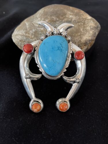 Navajo Turquoise & Coral Naja Tufa Cast Pendant | Authentic Native American Handmade | Sterling Silver | 01061