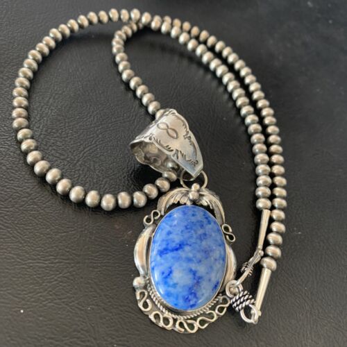 Navajo Denim Lapis Necklace Pendant | Sterling Silver Pearls | Authentic Native American Handmade | 12436