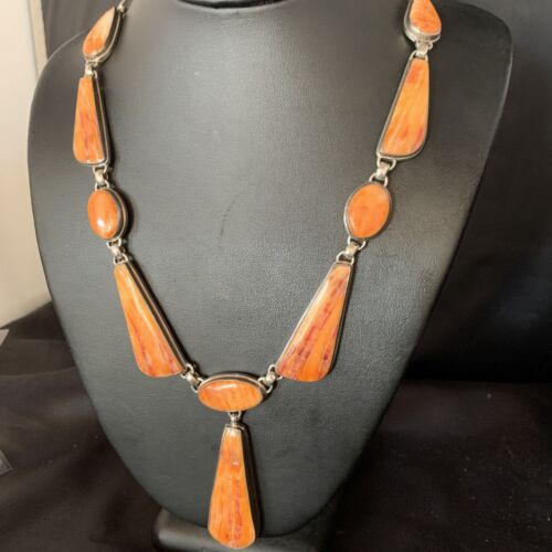 Navajo Lariat Necklace with Orange Spiny Oyster Pendant | Sterling Silver | 20" | Authentic Native American Jewelry | 13883