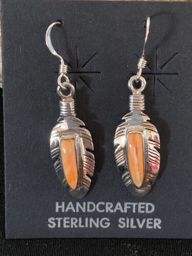 Navajo Orange Spiny Oyster Feather Earrings Set | Sterling Silver | Authentic Native American Handmade | 2741