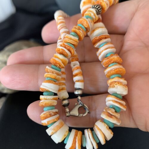 Navajo Turquoise & Orange Spiny Oyster Graduated Necklace | Sterling Silver | Authentic Native American | 20" | 13517