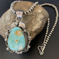 Women's Navajo Pearls Necklace with Green Royston Turquoise Pendant | Sterling Silver | 12291