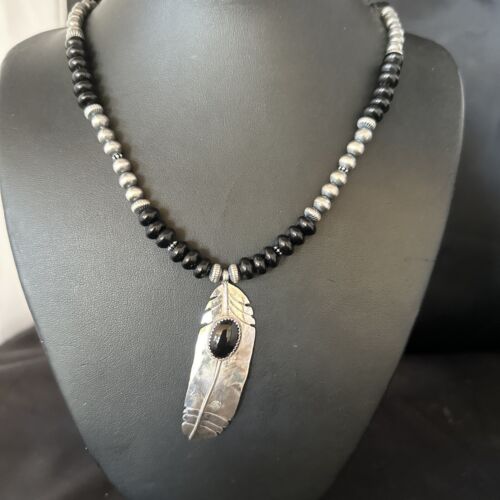 Navajo Pearls Black Onyx Necklace Pendant | Sterling Silver | Authentic Native American Handmade | 14626