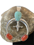 Navajo Pearls Necklace with Royston Turquoise & Coral Naja Pendant | Sterling Silver | 01428