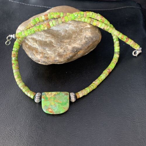Navajo Green Gaspeite Turquoise Pendant | Sterling Silver | Authentic Native American Handmade | 13945