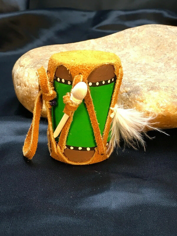 Navajo Leather Drum Car Charm | 2" Mirror Dangler | Handmade Miniature | 8923