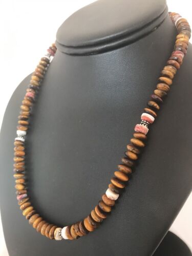 Navajo Sterling Silver Necklace | Tiger Eye & Spiny Oyster | 19" | Native American | 3340