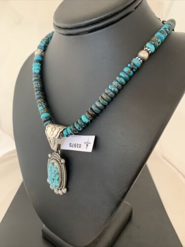 Men's Navajo Spiderweb Kingman Turquoise Pendant Necklace | Sterling Silver | Native American Handmade | 01975