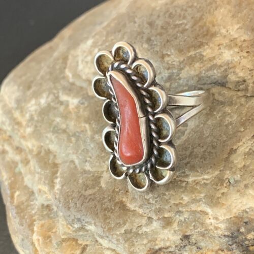 Native American Old Pawn Navajo Red Coral Ring | Sterling Silver | Sz 6 | 10369