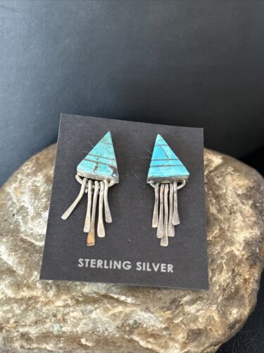 Navajo Blue Turquoise Inlay Earrings | Sterling Silver | 1" | Authentic Native American Handmade | 14774