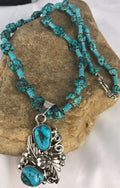 Navajo Kingman Turquoise Nugget Pendant Necklace | Sterling Silver | Multi-Stone | Southwestern Handmade