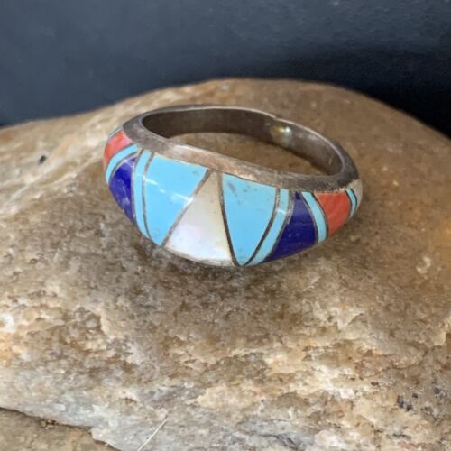 Navajo Multi-Color Turquoise Lapis Coral Mother of Pearl Inlay Ring | Sterling Silver | Sz 7.5 | 12398