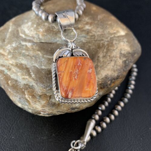 Navajo Orange Spiny Oyster Pendant | Sterling Silver | Authentic Native American Handmade | 13638