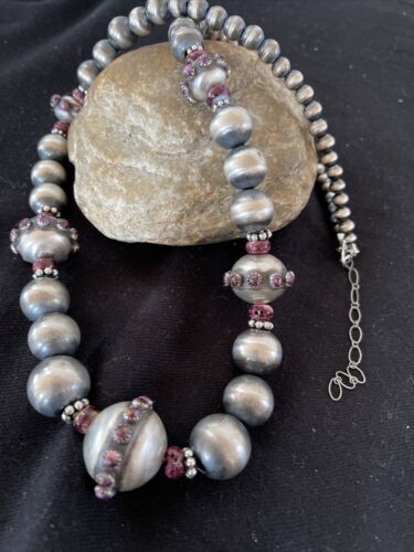 Navajo Purple Spiny Oyster Graduated Bead Necklace | Sterling Silver | Native American Handmade | 20" | 1144