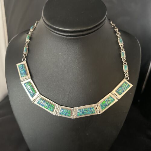 Native American Women's Blue Opal Navajo Necklace | Sterling Silver Inlay Pendant | 14649
