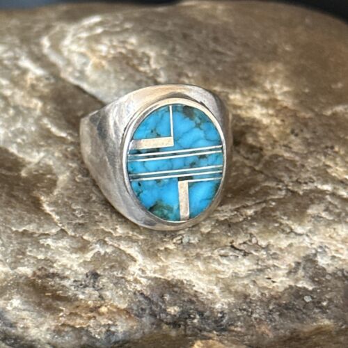 Navajo Blue Turquoise Inlay Ring | Sterling Silver | Sz 9.5 | Authentic Native American Handmade | 14749