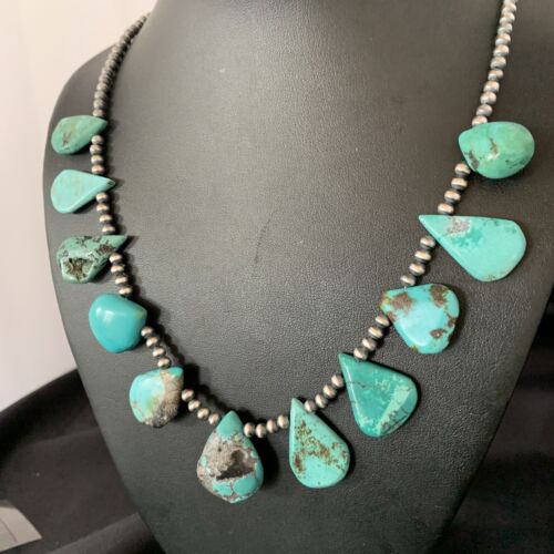 Southwestern Navajo Pearls Necklace | Sterling Silver Blue Turquoise Teardrop | 13149