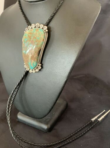 Navajo Royston Turquoise Bolo Tie | Sterling Silver | Authentic Native American Handmade | 12363