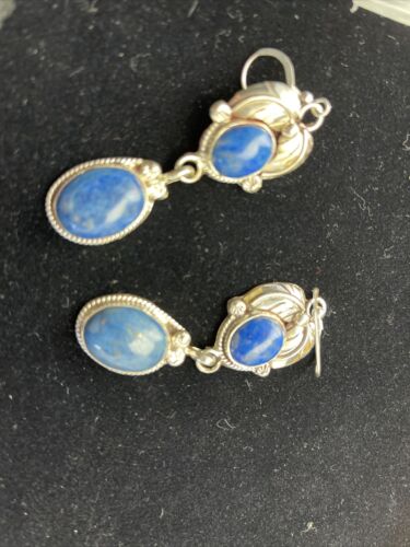 Native American Navajo Denim Lapis Dangle Earrings | Sterling Silver | 2" | 01792 - Masha USA