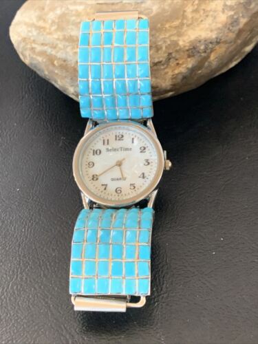 Men's Zuni Sterling Silver Watch with Blue Turquoise Inlay Tips | Authentic Native American Jewelry | 2119