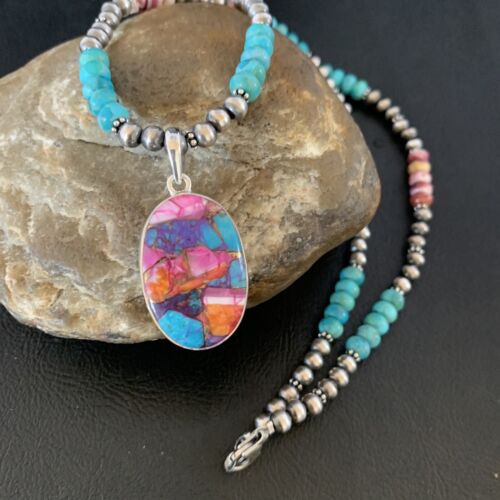 Navajo Pearls Sterling Silver Necklace with Turquoise and Purple Spiny Oyster Pendant | 13153