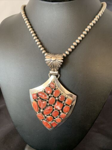 Navajo Red Spiny Oyster Pendant | Sterling Silver | Authentic Native American Handmade | 11514